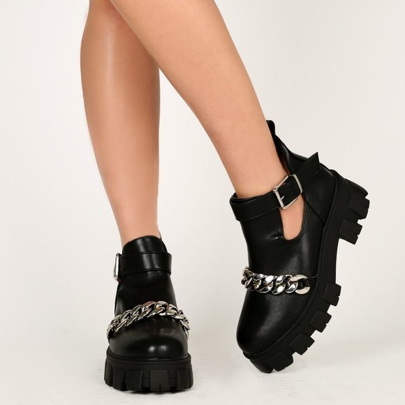Chain Adorned Silver Chunky Platform Boot Cutout Buckle Lugged Bootie - Picture 7 of 7